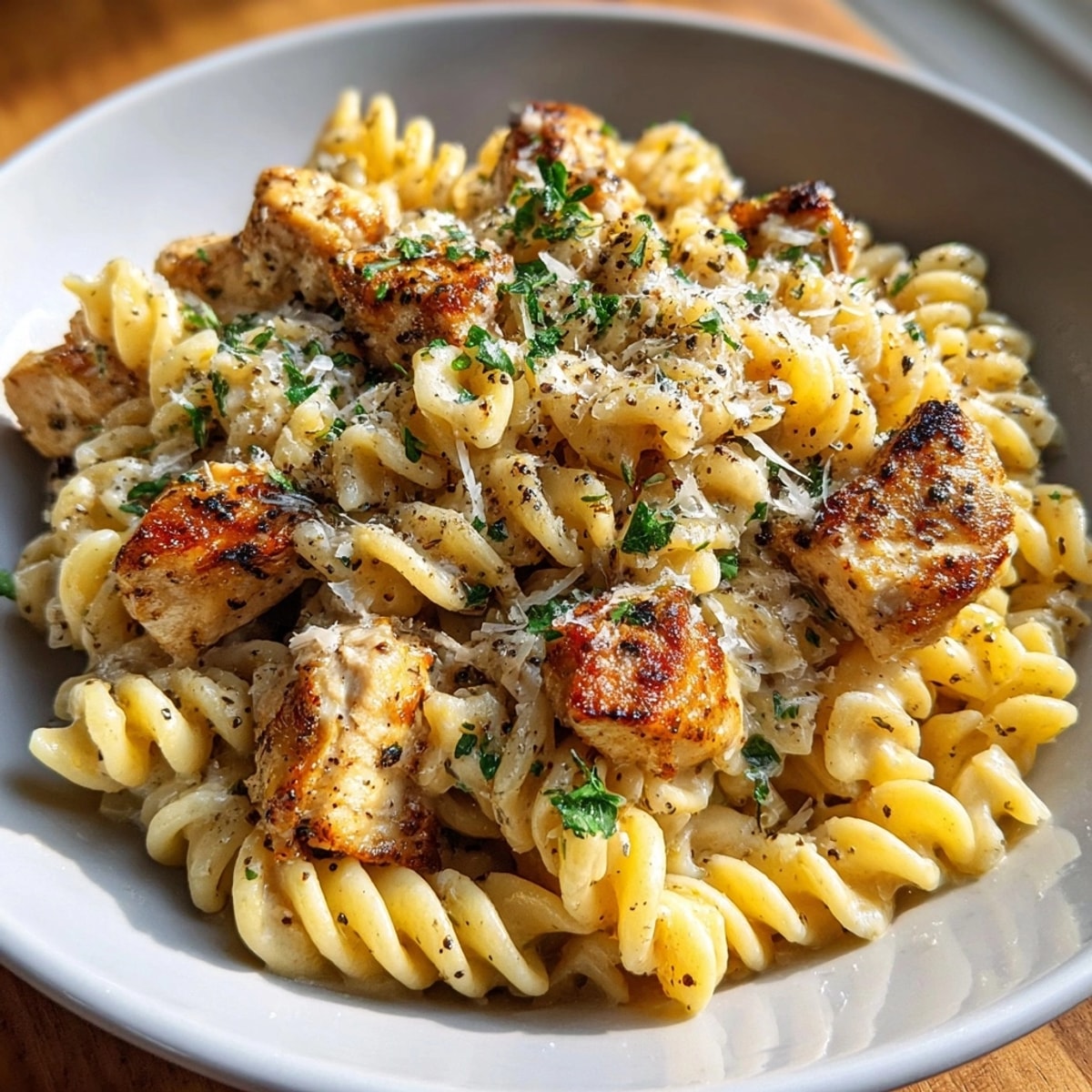 Creamy Garlic Parmesan Chicken Pasta shimmering in a rich, velvety sauce with golden seared chicken.