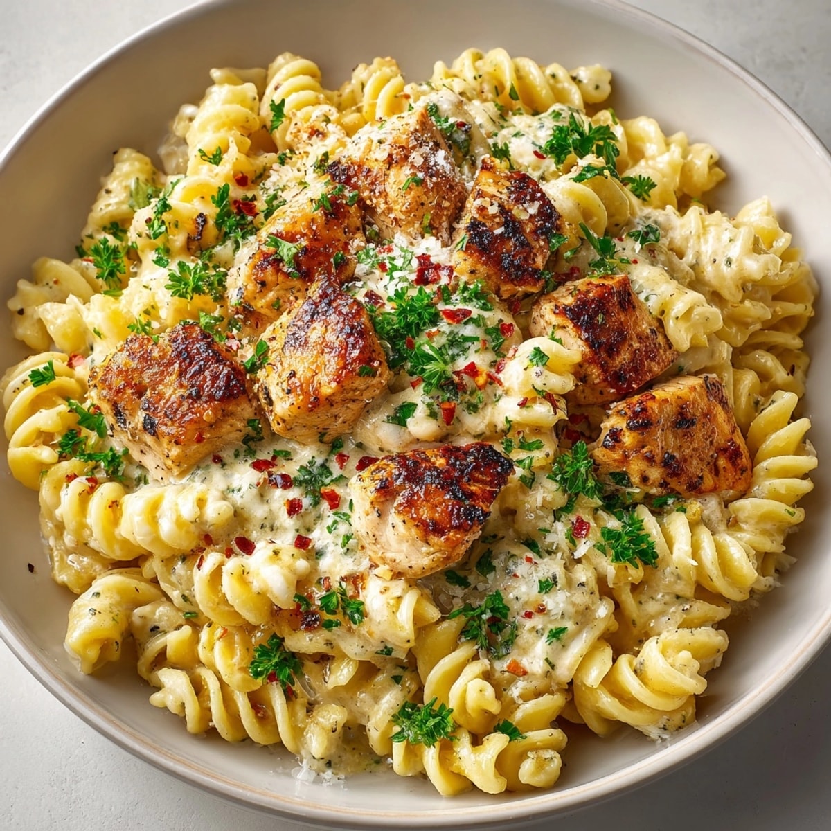 Plated Creamy Garlic Parmesan Chicken Pasta topped with fragrant parsley, perfect for a comforting weeknight dinner.
