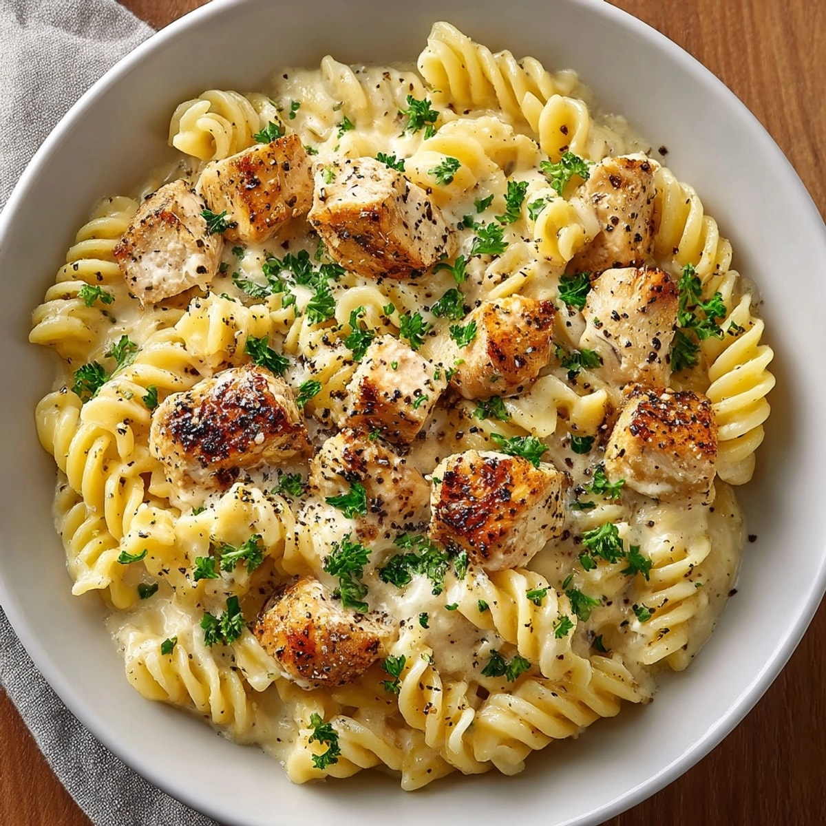 Close-up of Creamy Garlic Parmesan Chicken Pasta, showing tender chicken chunks and perfectly coated fusilli noodles.