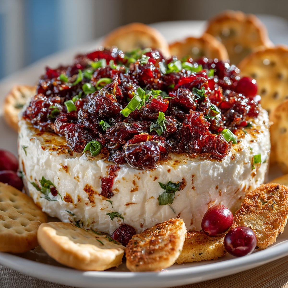 Homemade Cranberry Jalapeño Cream Cheese, a savory and sweet dip with a beautiful, colorful topping.