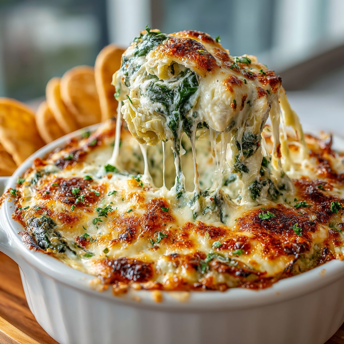 Creamy, bubbling Spinach Artichoke Dip, a cheesy appetizer ready for dipping with your favorite snacks.
