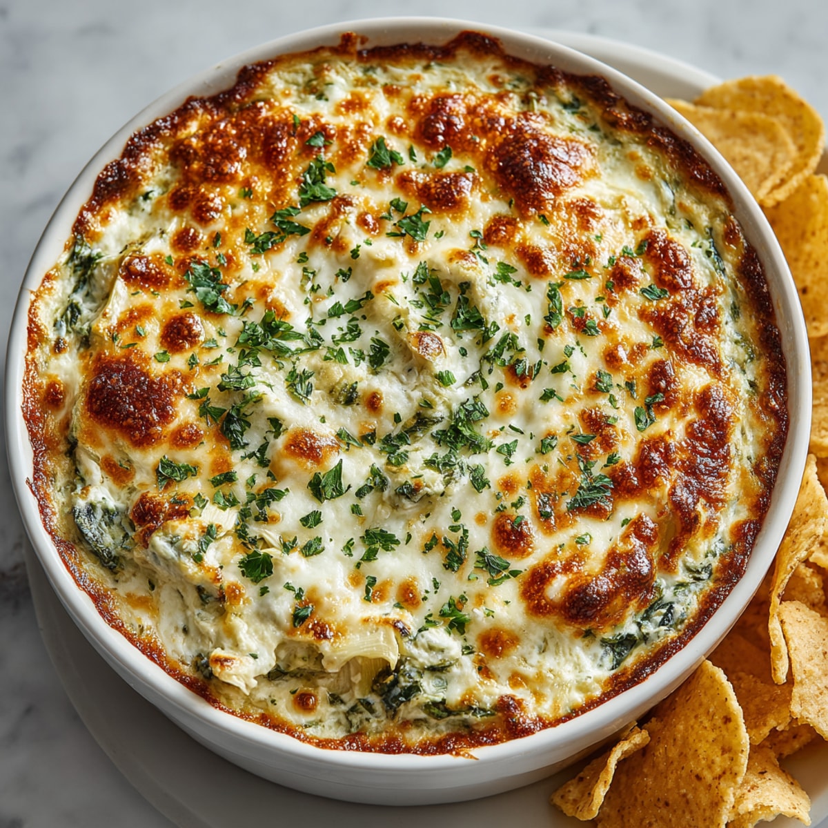 A close-up of warm, golden Spinach Artichoke Creamy Dip, served with crudités and ready for a party.