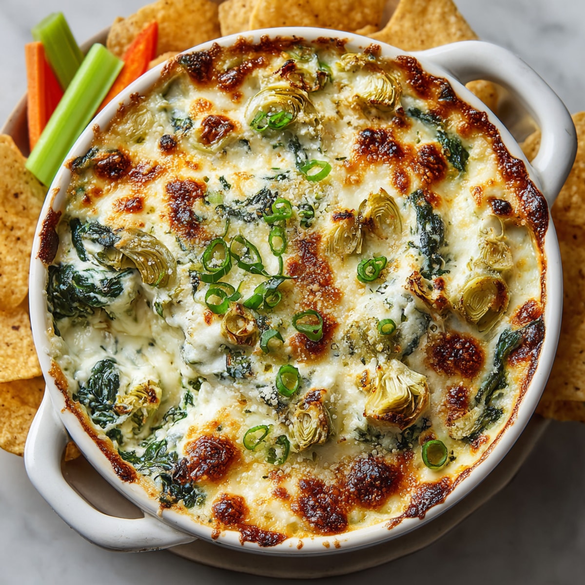 Melted mozzarella tops this delicious and flavorful Spinach Artichoke Creamy Dip, perfect with chips for sharing.
