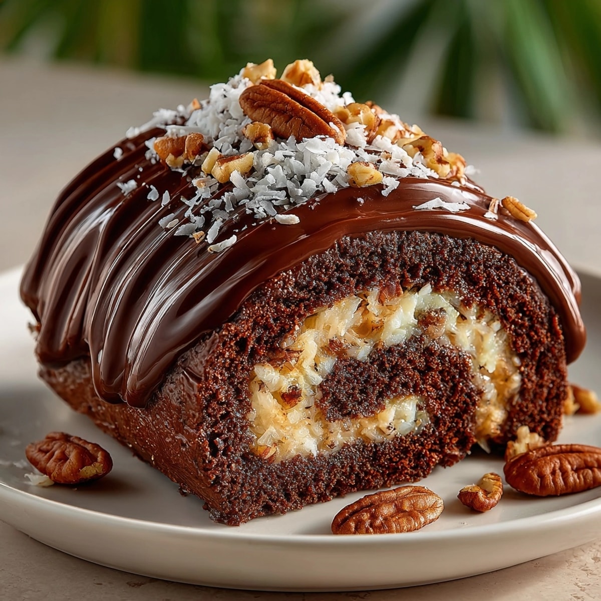 Rich German Chocolate Cake Roll with creamy coconut-pecan filling, ready to serve for a festive treat.