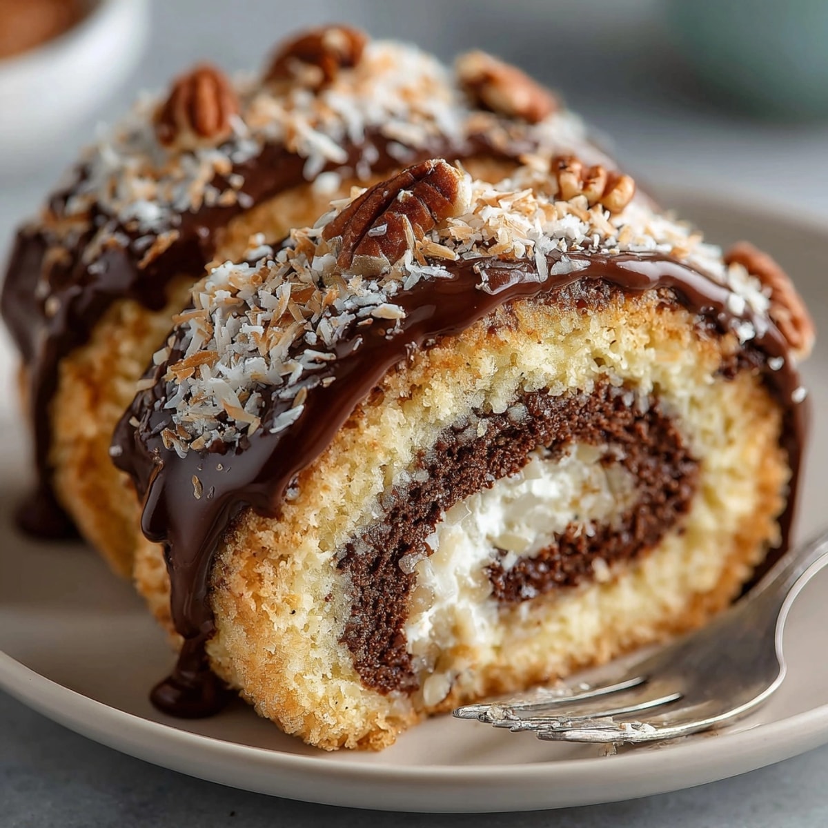Moist chocolate layers of German Chocolate Cake Roll are filled with a sweet pecan-coconut mixture.