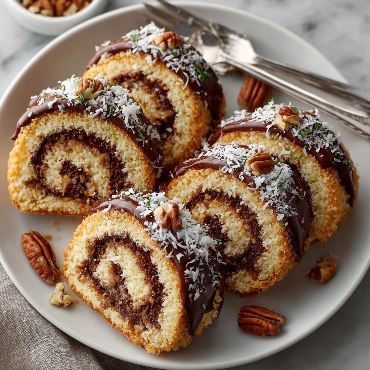 Beautifully swirled German Chocolate Cake Roll, a homemade dessert covered in glossy chocolate ganache.
