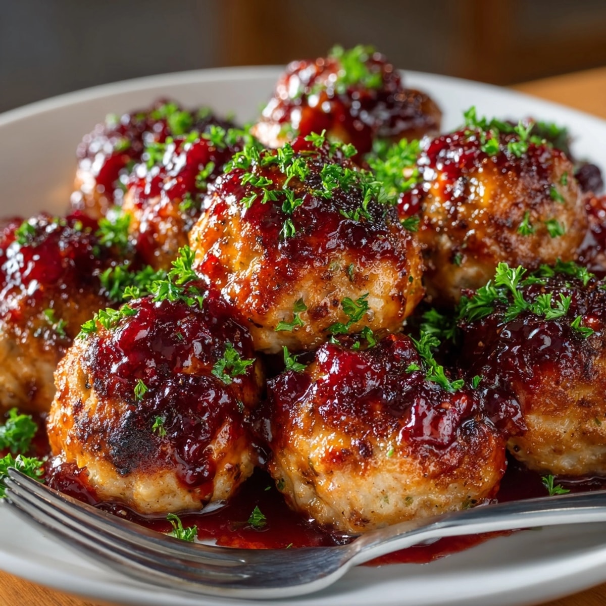 Close-up of delicious Cherry-Coded Cranberry BBQ Chicken Meatballs, perfect for a fun appetizer or a tasty dinner.