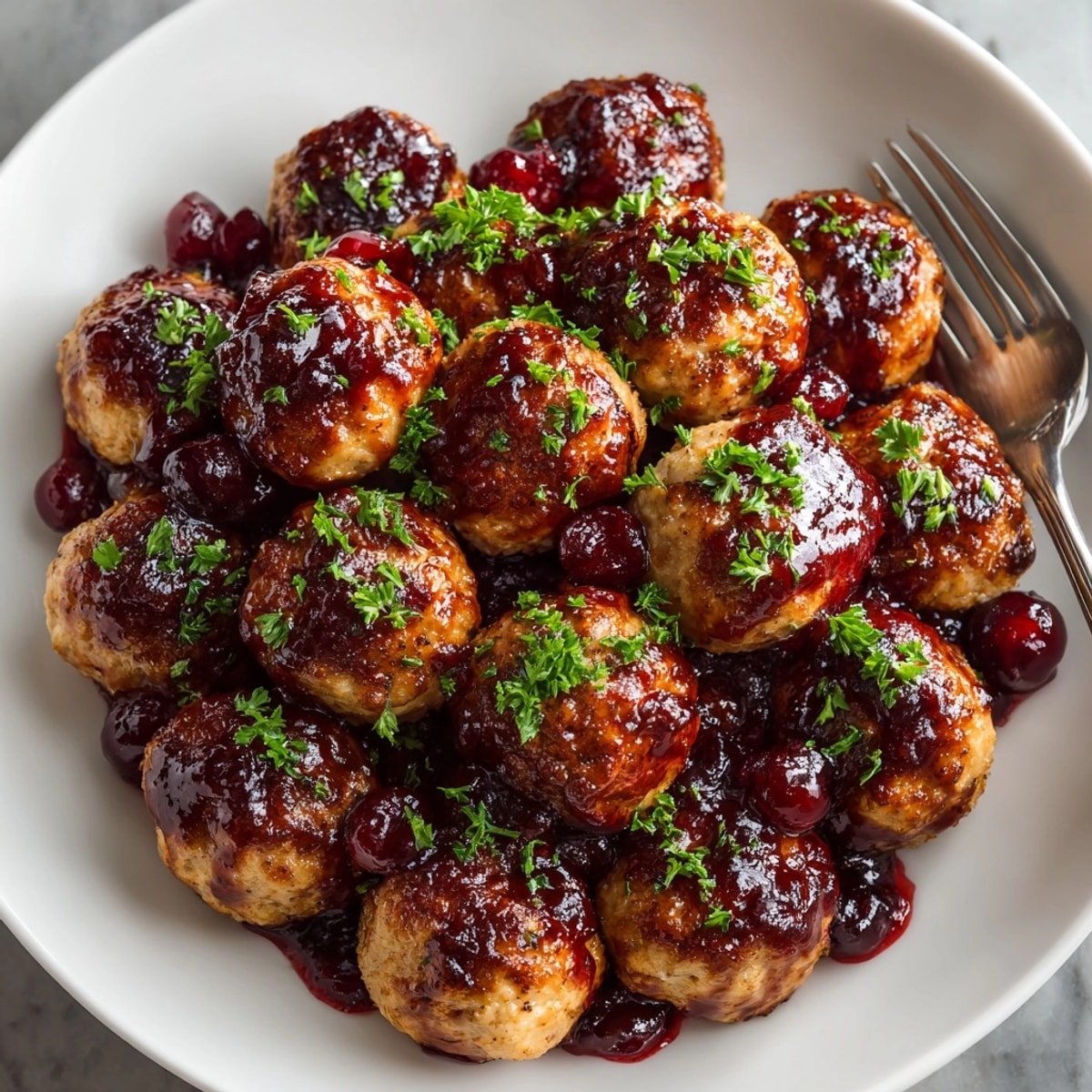 Warm, saucy Cherry-Coded Cranberry BBQ Chicken Meatballs, glistening with a cherry-cranberry glaze, ready to serve.