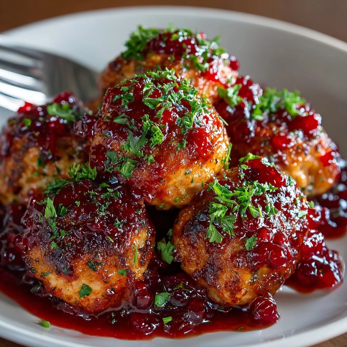 Tender Cherry-Coded Cranberry BBQ Chicken Meatballs bathed in a sweet and savory, glossy red, homemade sauce.