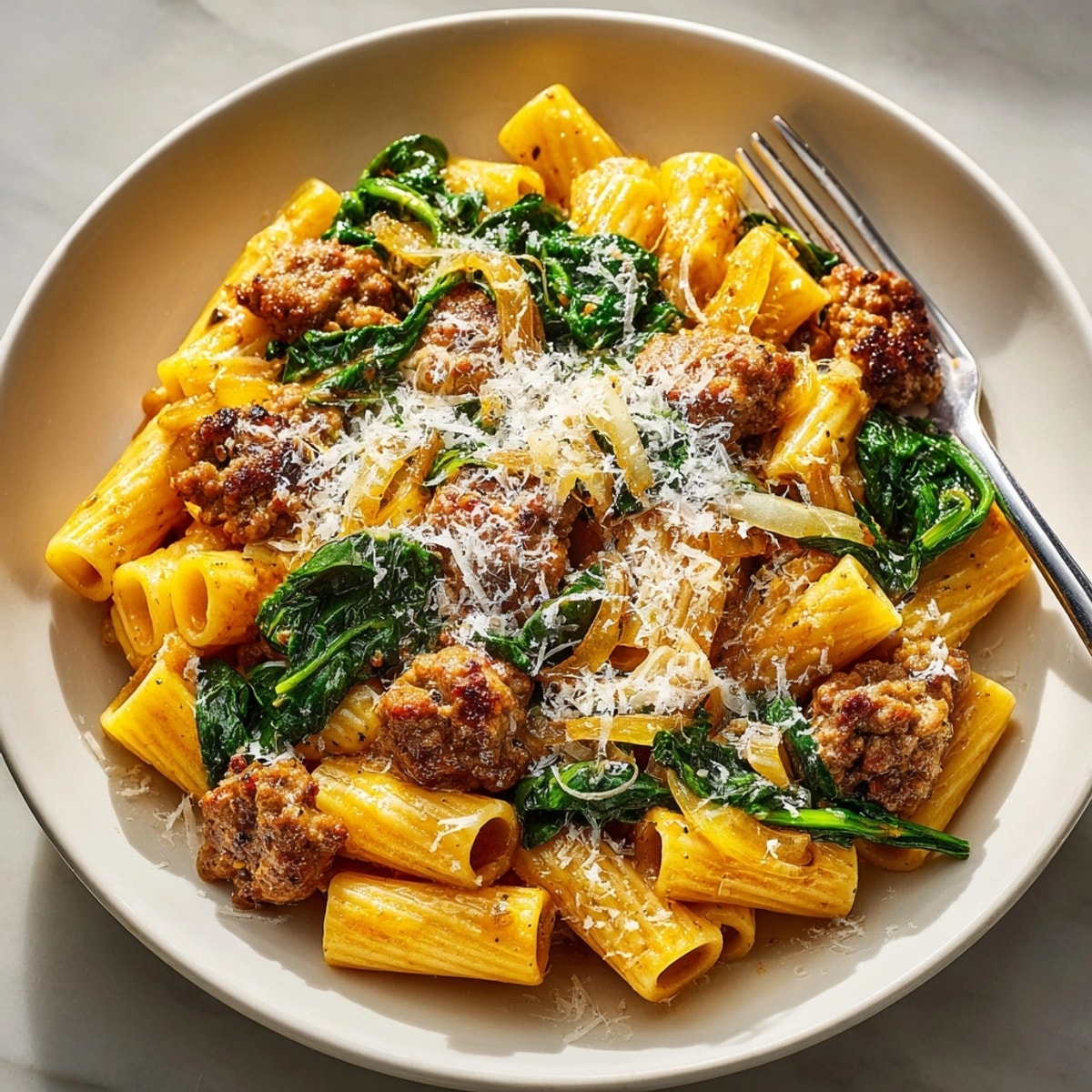 Creamy, savory pumpkin pasta with Italian sausage and rigatoni, a comforting fall dinner.