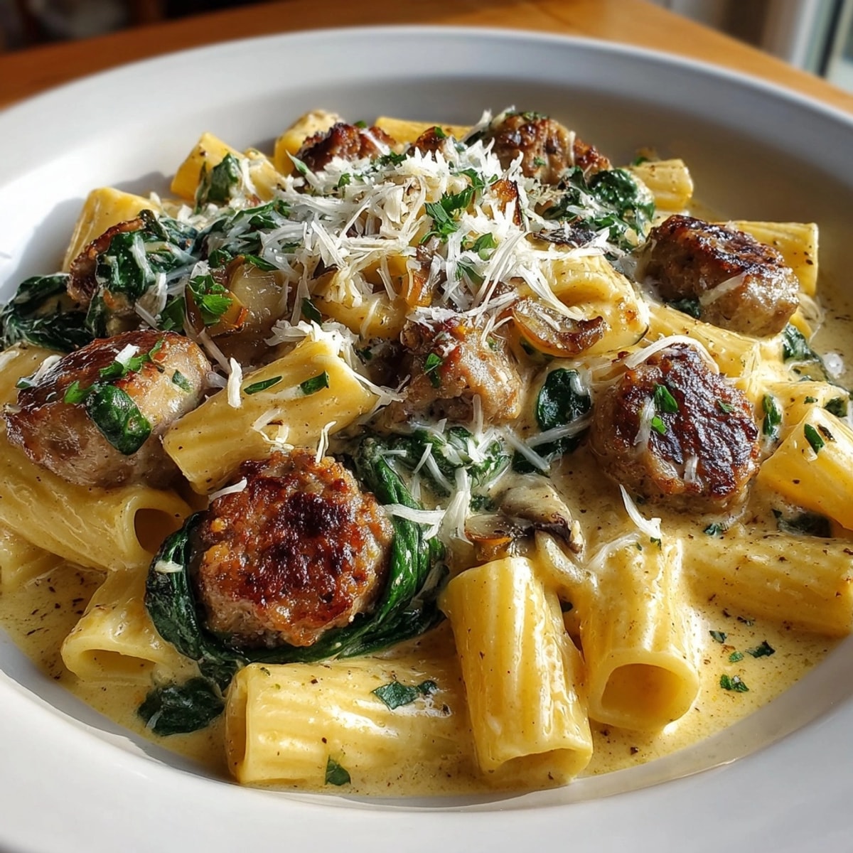 Close-up of the finished Italian sausage and pumpkin pasta, steaming and ready to serve hot.