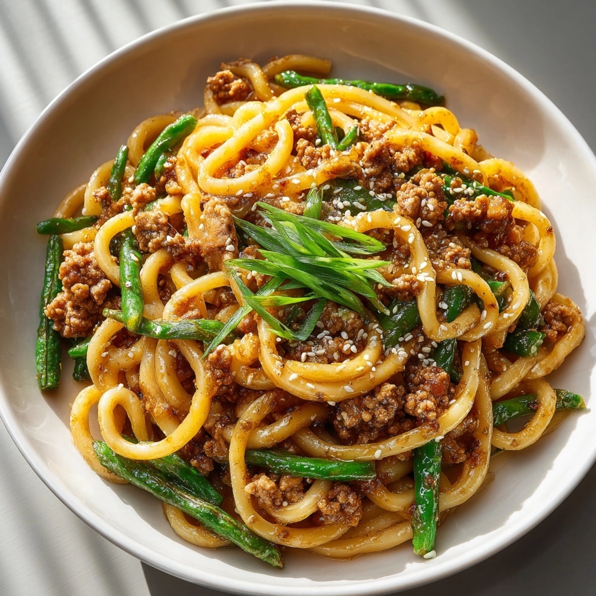 Golden brown 20-Minute Garlic Butter Turkey & Green Bean Udon with vibrant green beans and savory sauce.