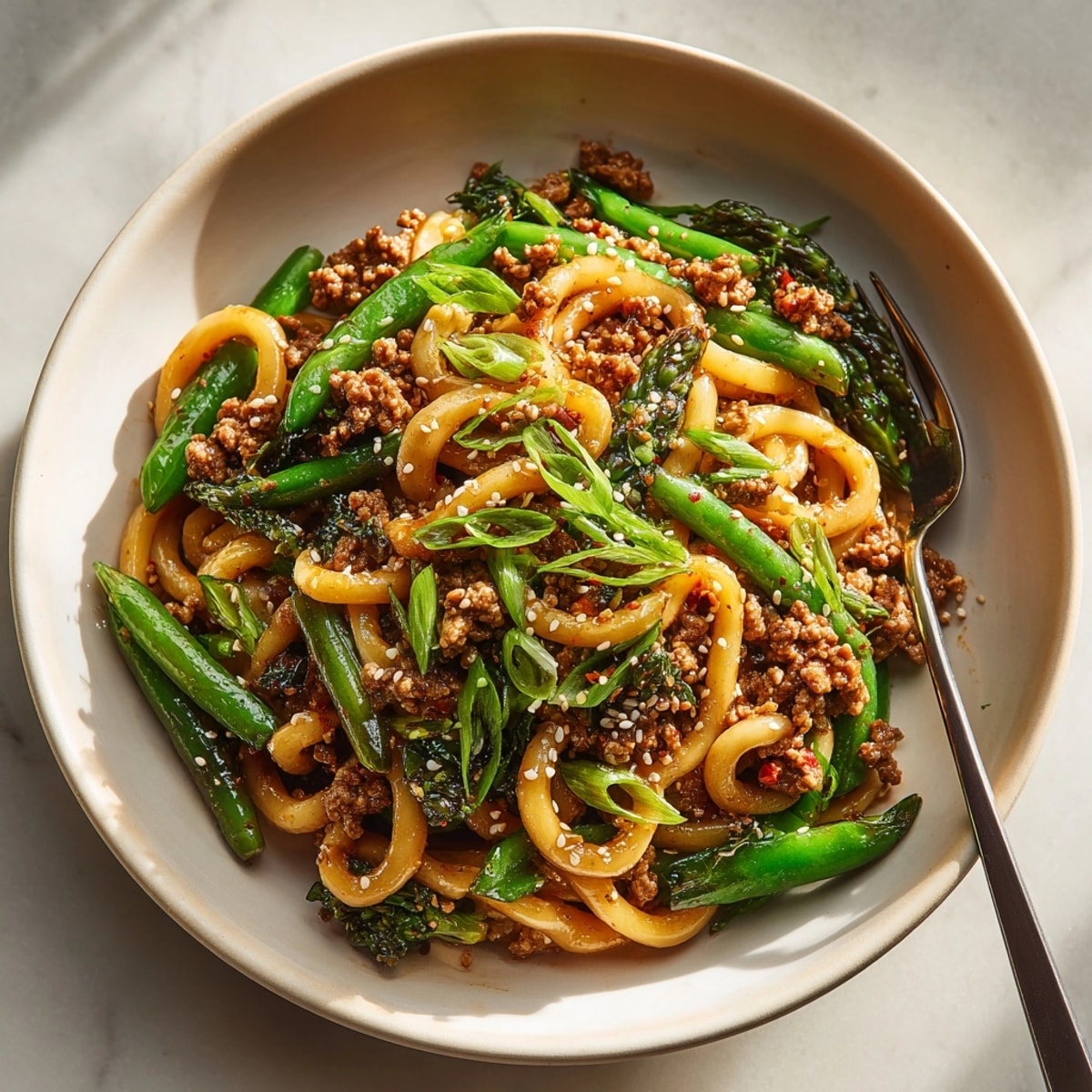 Steaming hot bowl of 20-Minute Garlic Butter Turkey & Green Bean Udon, garnished with sesame seeds and fresh greens.