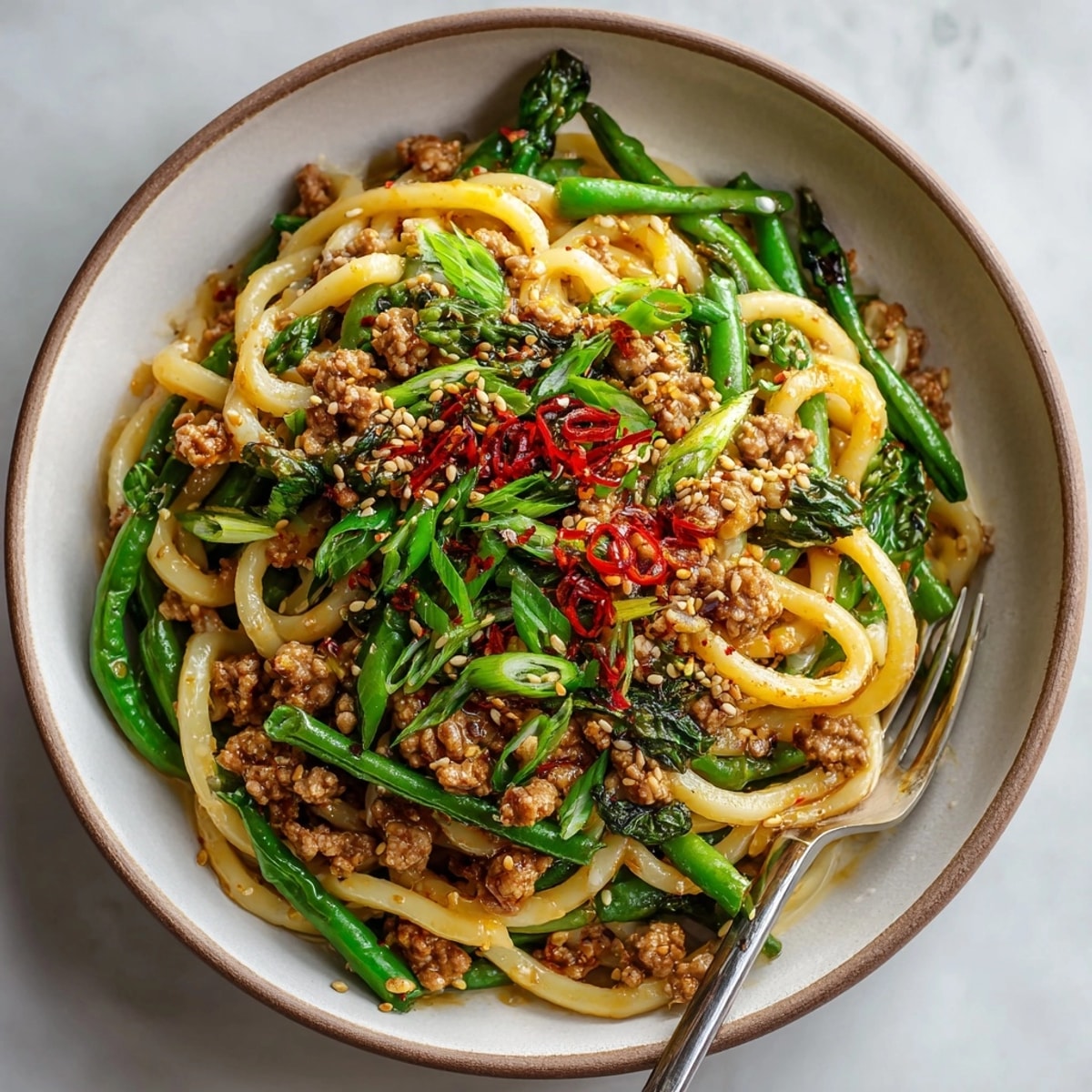 Quick and easy, enjoy a delicious plate of 20-Minute Garlic Butter Turkey & Green Bean Udon, perfect for dinner tonight.