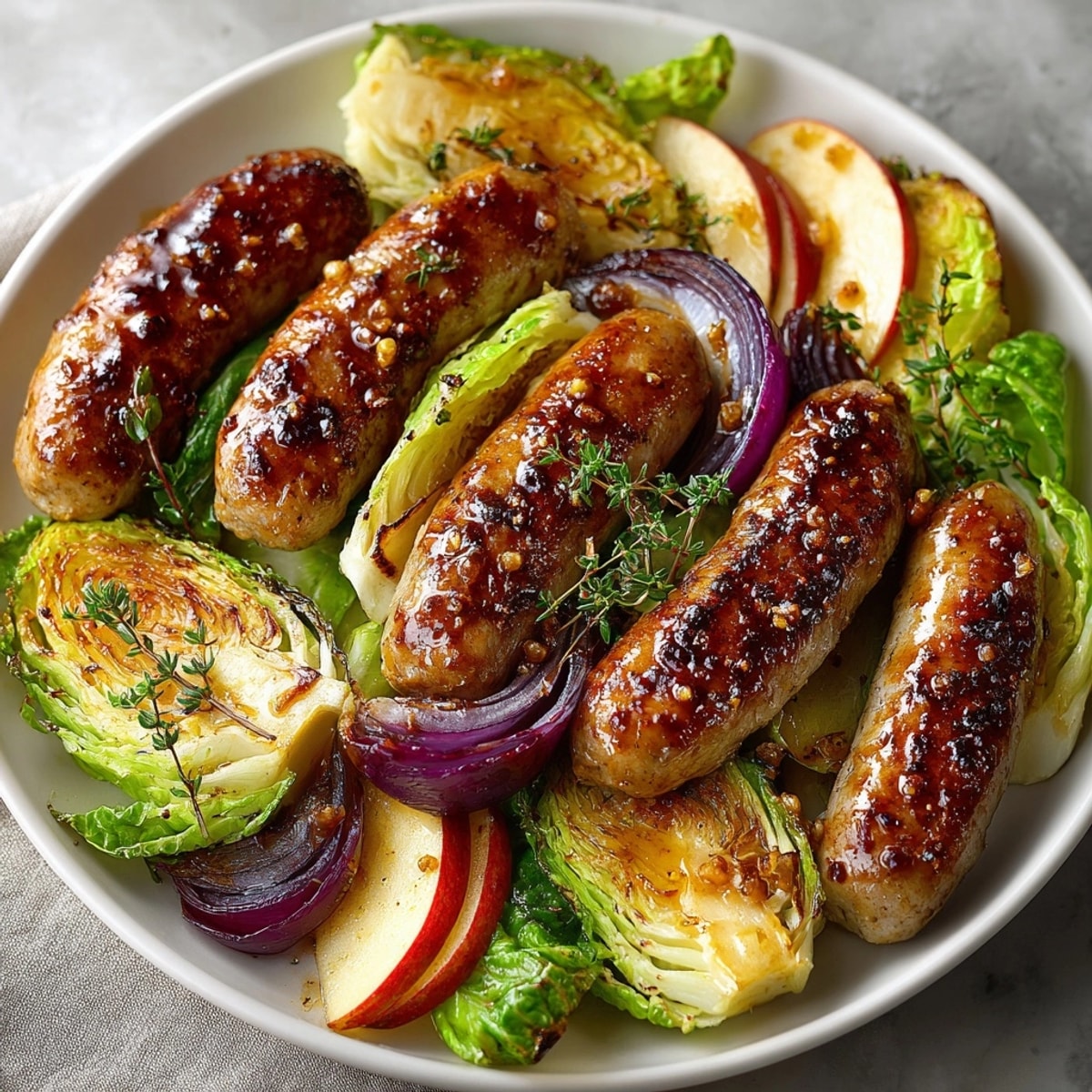 Golden-brown Maple-Glazed Sausage, Apple & Cabbage features tender roasted vegetables and juicy sausages for a flavorful meal.