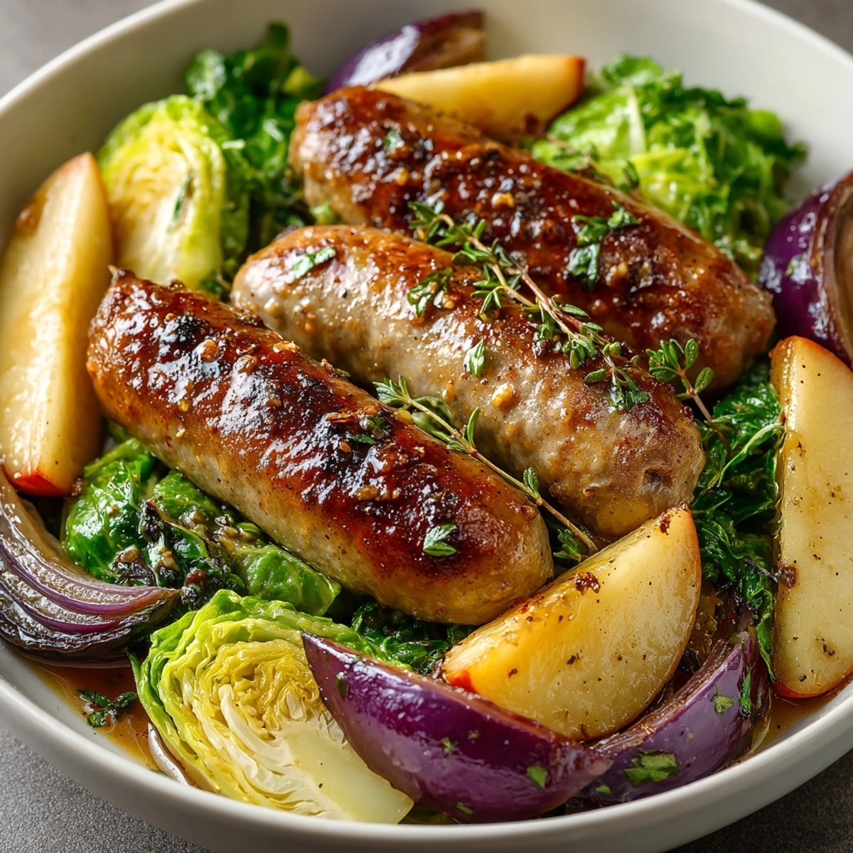 Sheet pan of savory Maple-Glazed Sausage, Apple & Cabbage, with a sweet and tangy maple glaze for a quick weeknight supper.