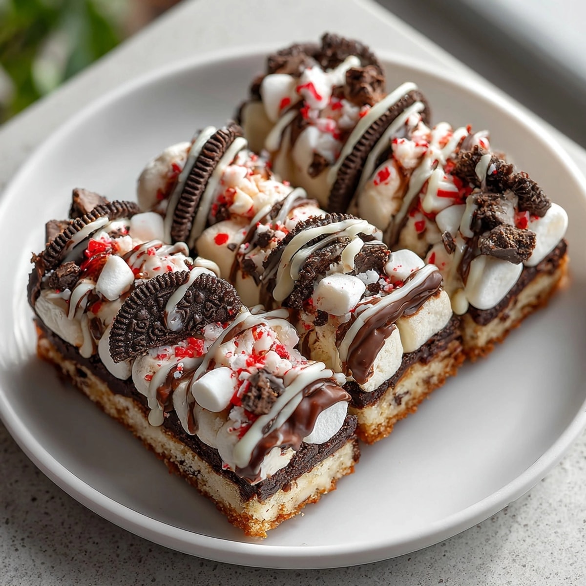 Decadent Chaos Peppermint Chocolate Bars featuring layers of cookies, peppermint, and melting chocolate, so delicious!