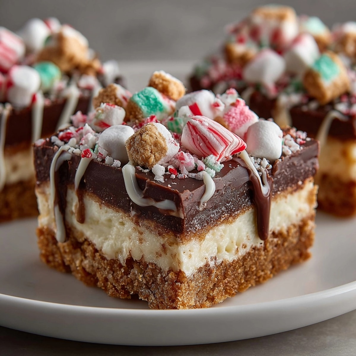 Homemade Chaos Peppermint Chocolate Bars, a festive treat with marshmallow and cookie toppings, ready to devour.