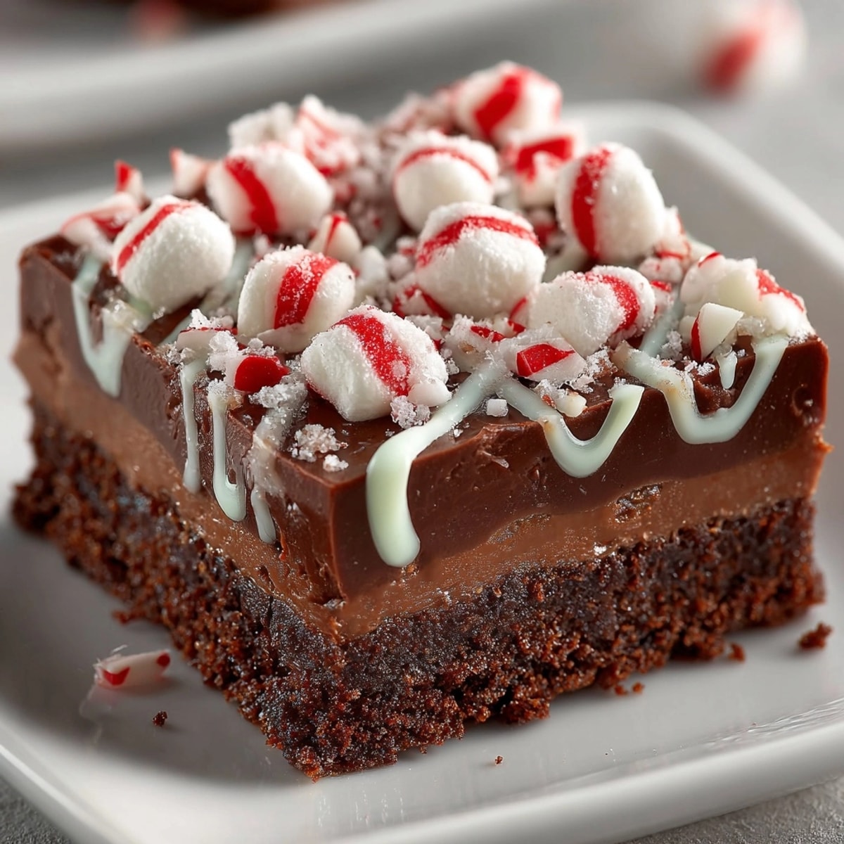 Close-up of cut Chaos Peppermint Chocolate Bars, showcasing the layers of chocolate, cookies, and peppermint candies.