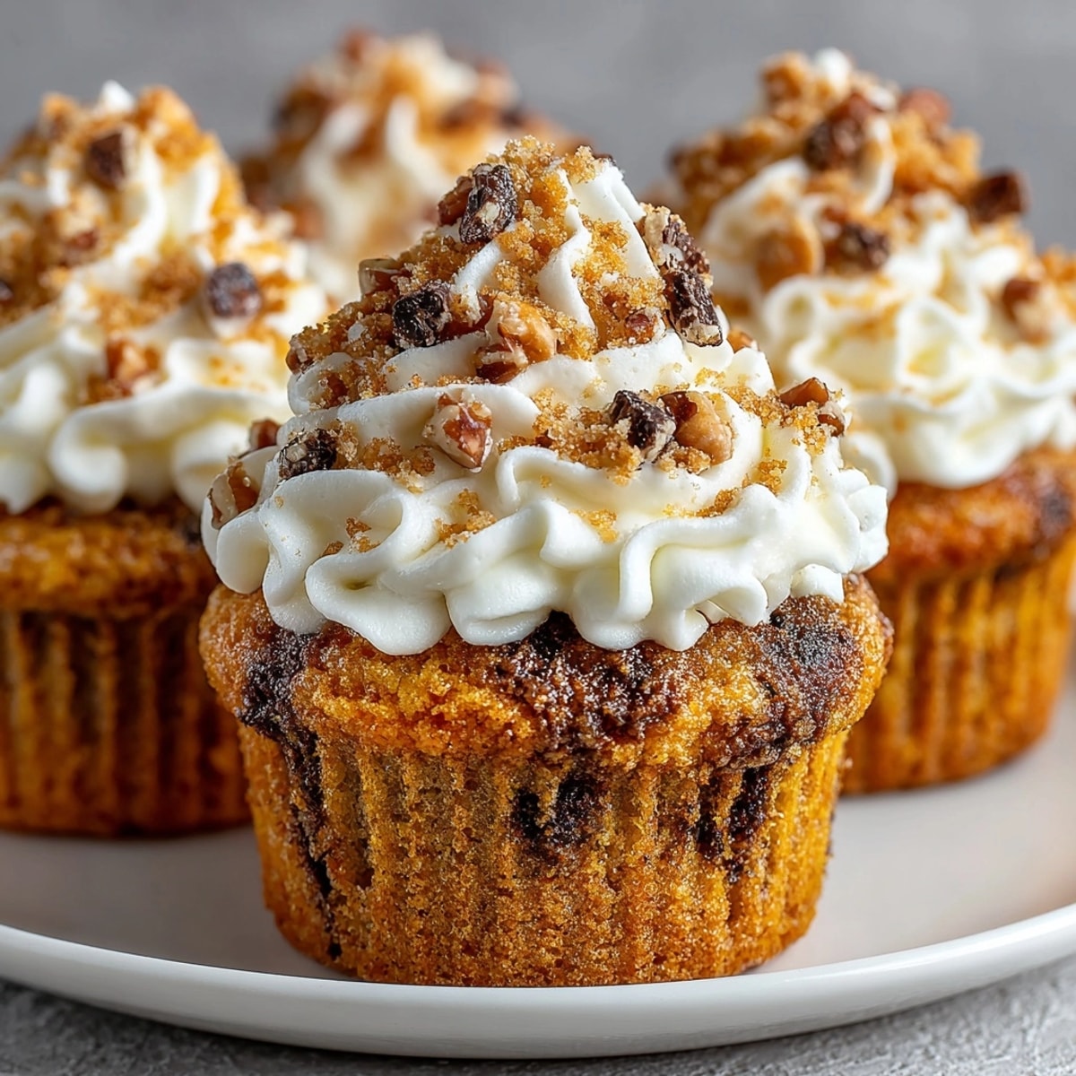 Warm, spiced Chaos Cake Pumpkin Spice Cupcakes with creamy frosting and chocolate chip accents, perfect for autumn.