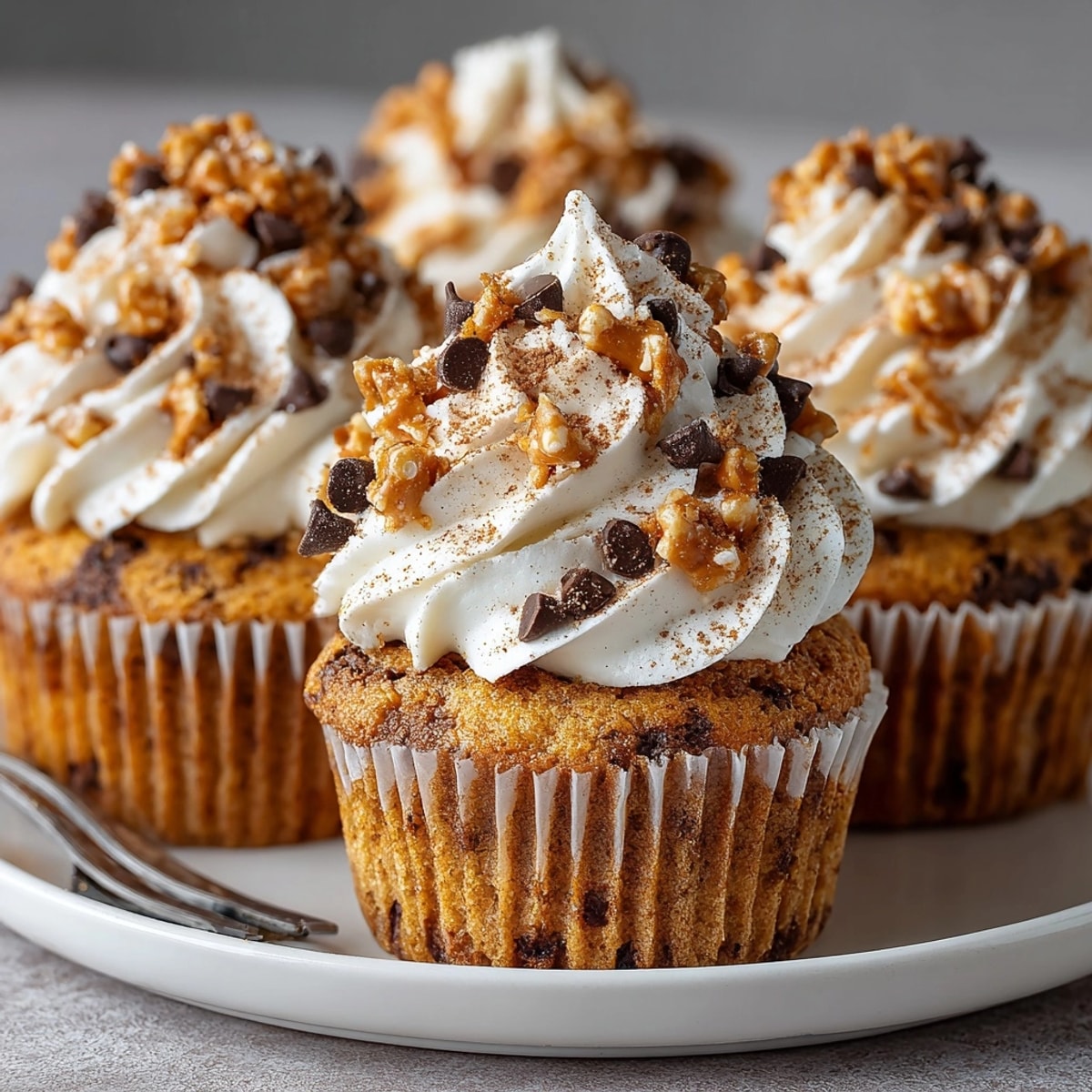 Close-up of golden-brown Chaos Cake Pumpkin Spice Cupcakes, showing crumbly texture and pretzel topping with sweet frosting.