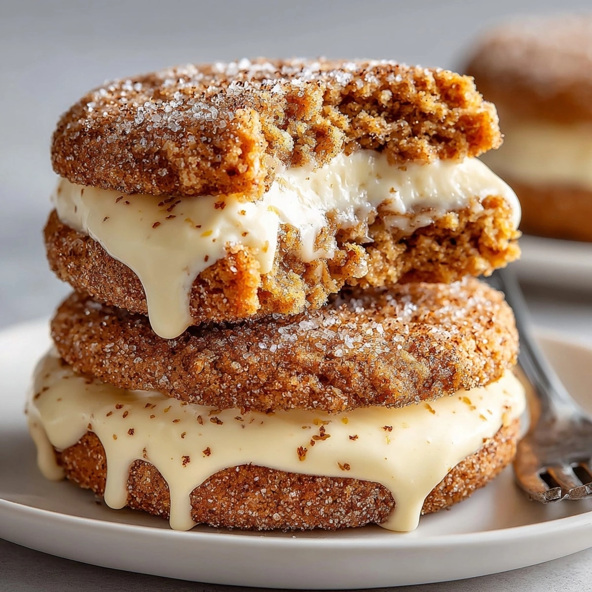 Thick eggnog snickerdoodle sandwich cookies stacked, ready to eat with a dusting of cinnamon.
