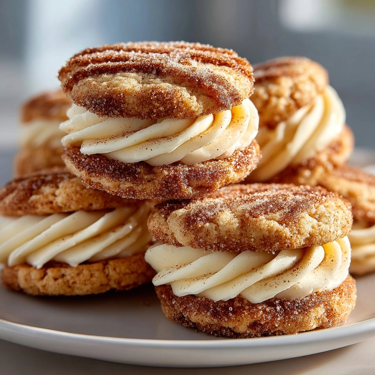 Rich, spiced aroma: A close-up of frosted eggnog and snickerdoodle sandwiches.