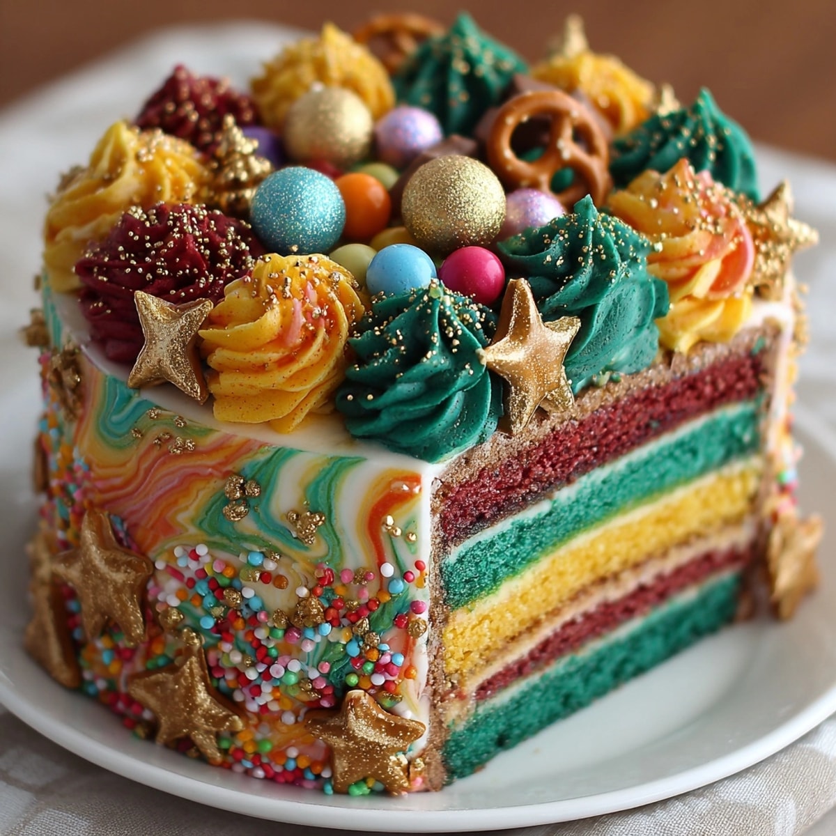 Chaos Cake Christmas Swirls, a colorful, layered cake with festive buttercream swirls, ready to eat.