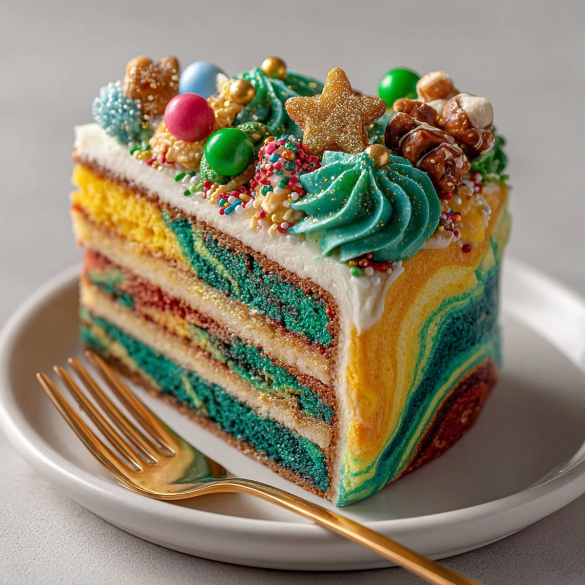 Vibrant green, red, and yellow Chaos Cake Christmas Swirls, ready for the holidays, with edible decorations.