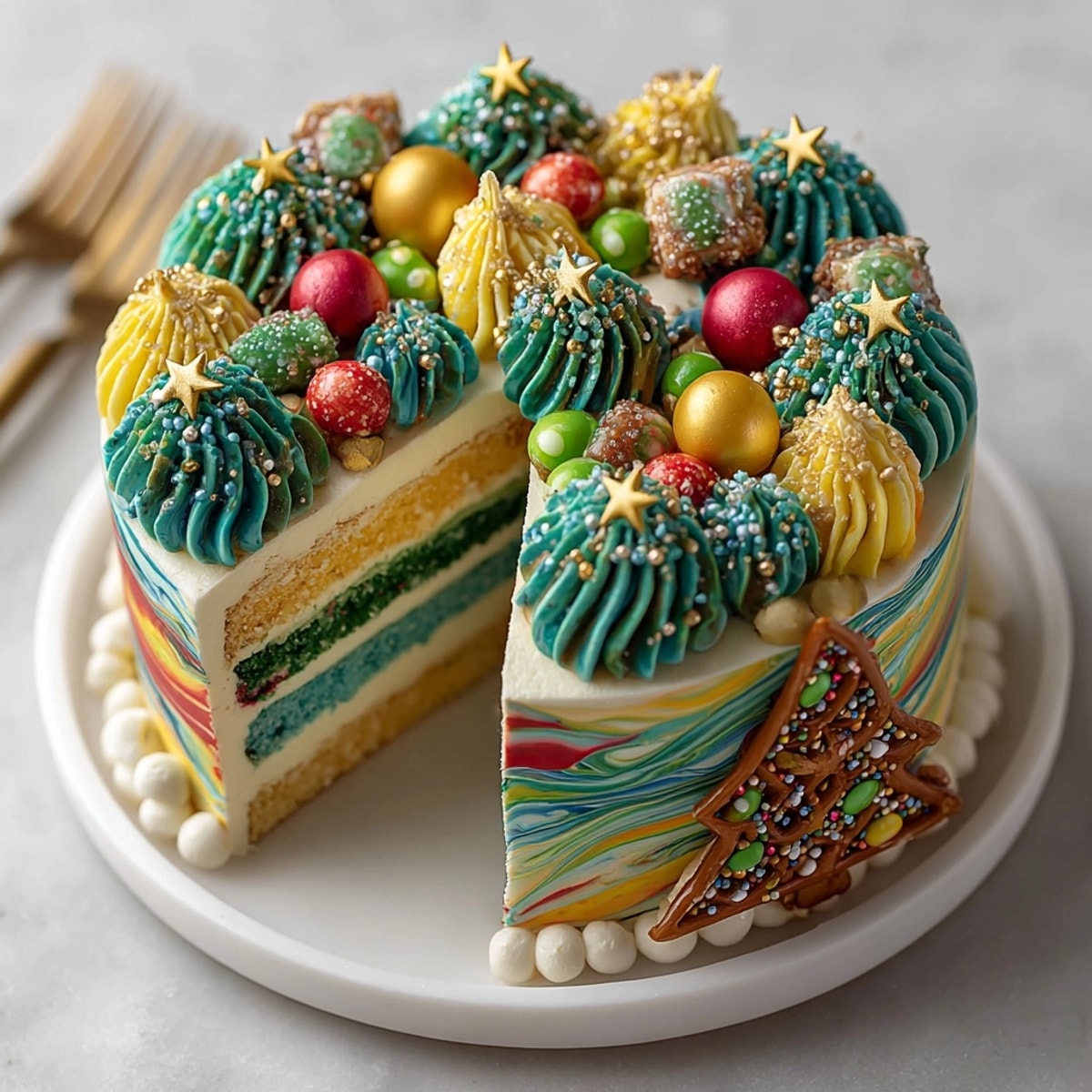 Delicious, layered holiday Chaos Cake Christmas Swirls; a delicious cake tree centerpiece with colorful icing.
