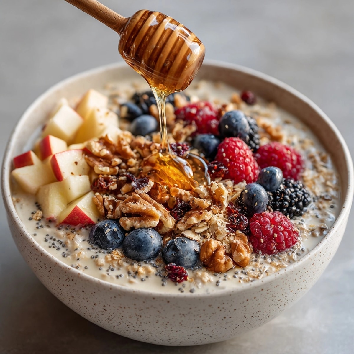 A close-up of Apple Cinnamon Bowls, bursting with fresh apple and a cinnamon drizzle.
