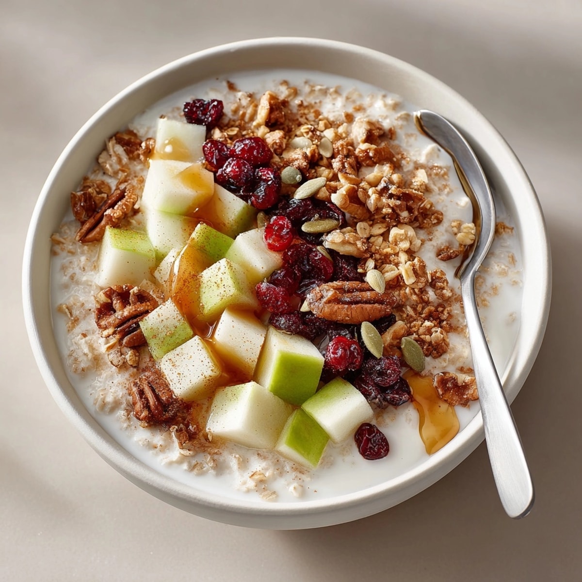 Enjoy a vibrant Apple Cinnamon Bowls creation, complete with a swirl of honey and crunchy walnuts.