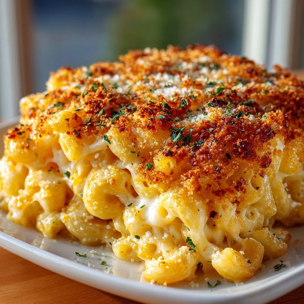 Warm, bubbly Baked Macaroni and Cheese features a golden breadcrumb topping and rich, cheesy flavor.