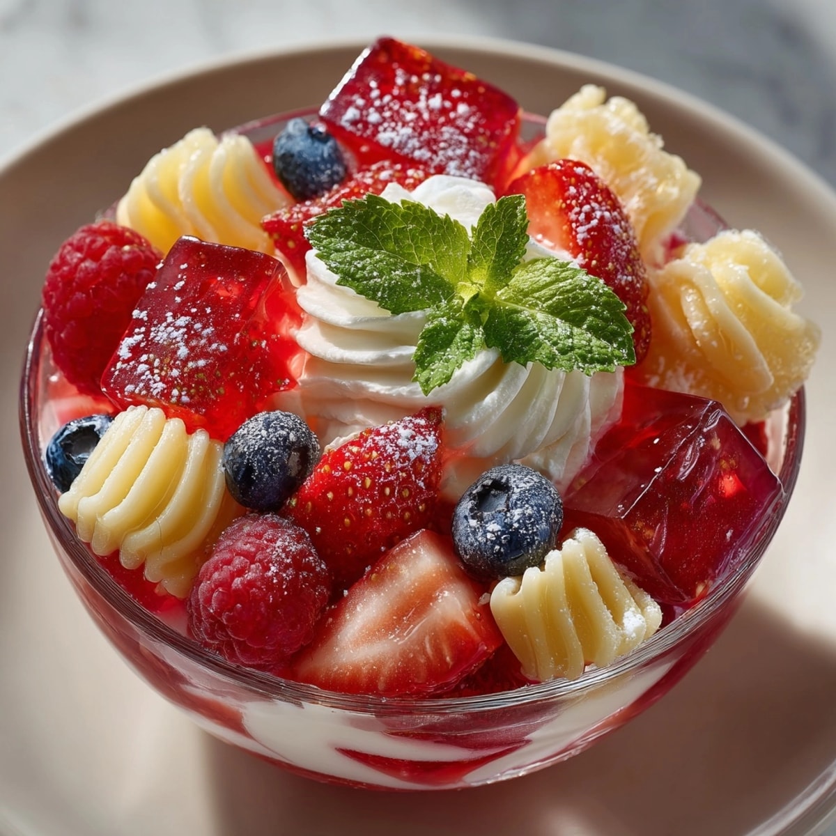 Rebel Soda Jello Parfait Pasta shows colorful layers of pasta, gelatin, and cream; a refreshing dessert.