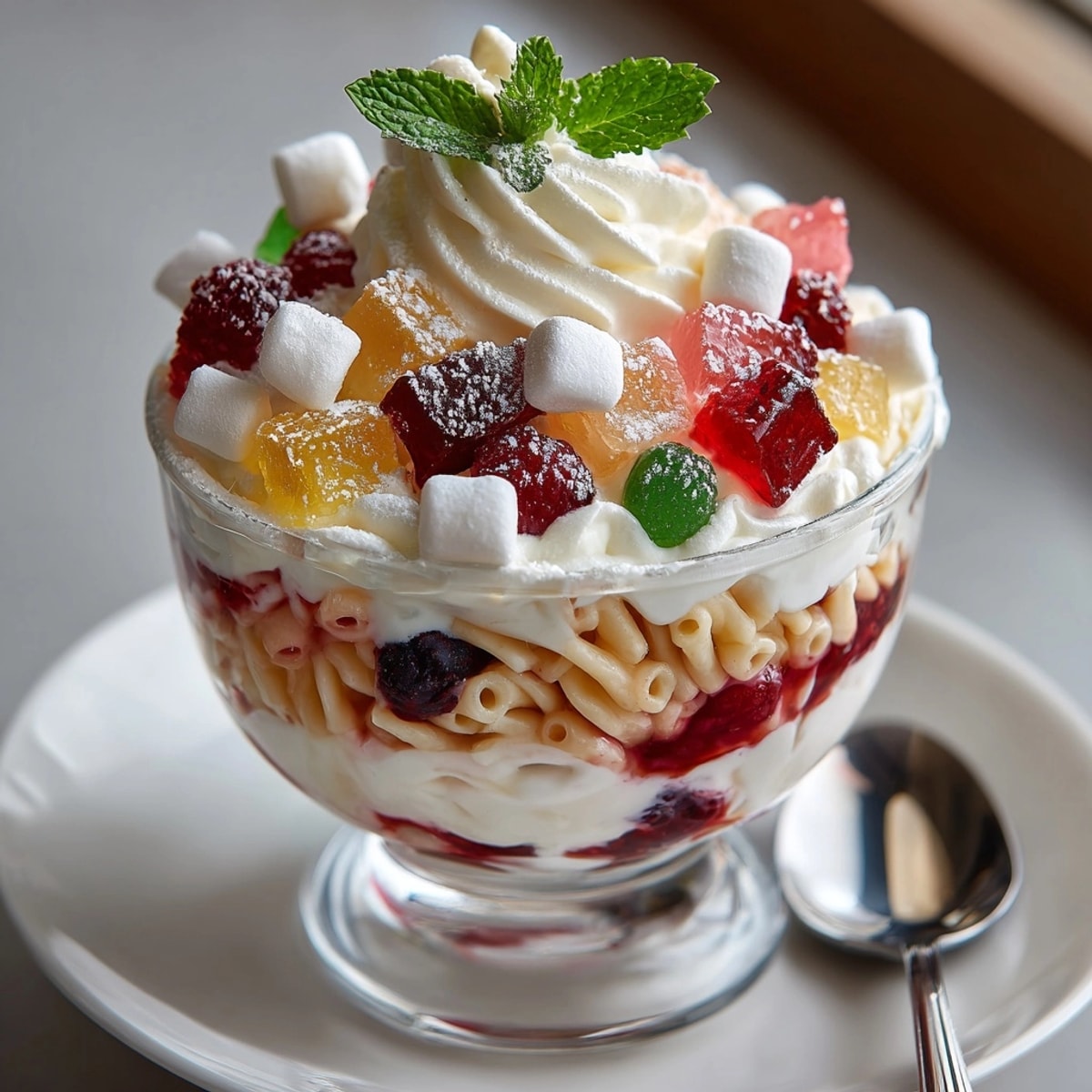 This Rebel Soda Jello Parfait Pasta features pasta, fruity gelatin, and fresh berries in a parfait glass.