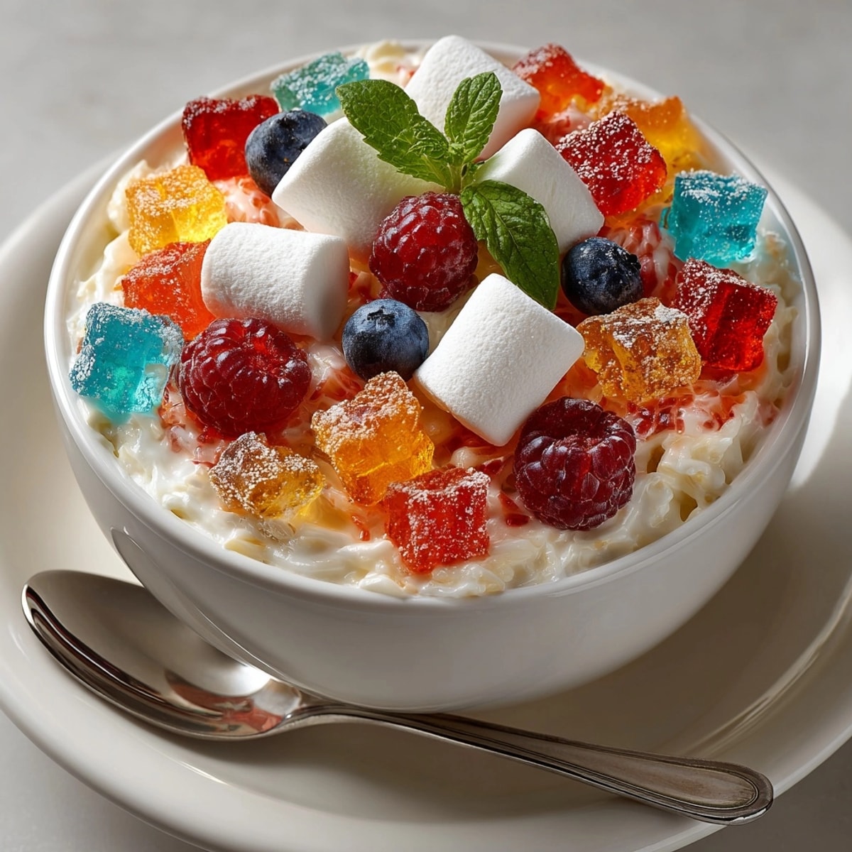Cool, delicious Rebel Soda Jello Parfait Pasta showcasing creamy layers and vibrant gelatin cubes ready to eat.