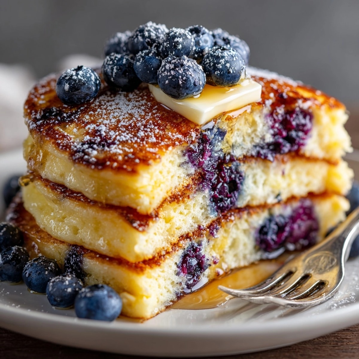 Golden Blueberry Fluffy Pancakes, perfectly cooked, with a pile of fresh, juicy blueberries on top.