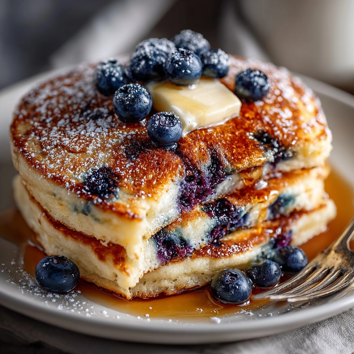 A stack of fluffy, golden Blueberry Pancakes, ready to be drizzled with maple syrup, appealingly delicious.