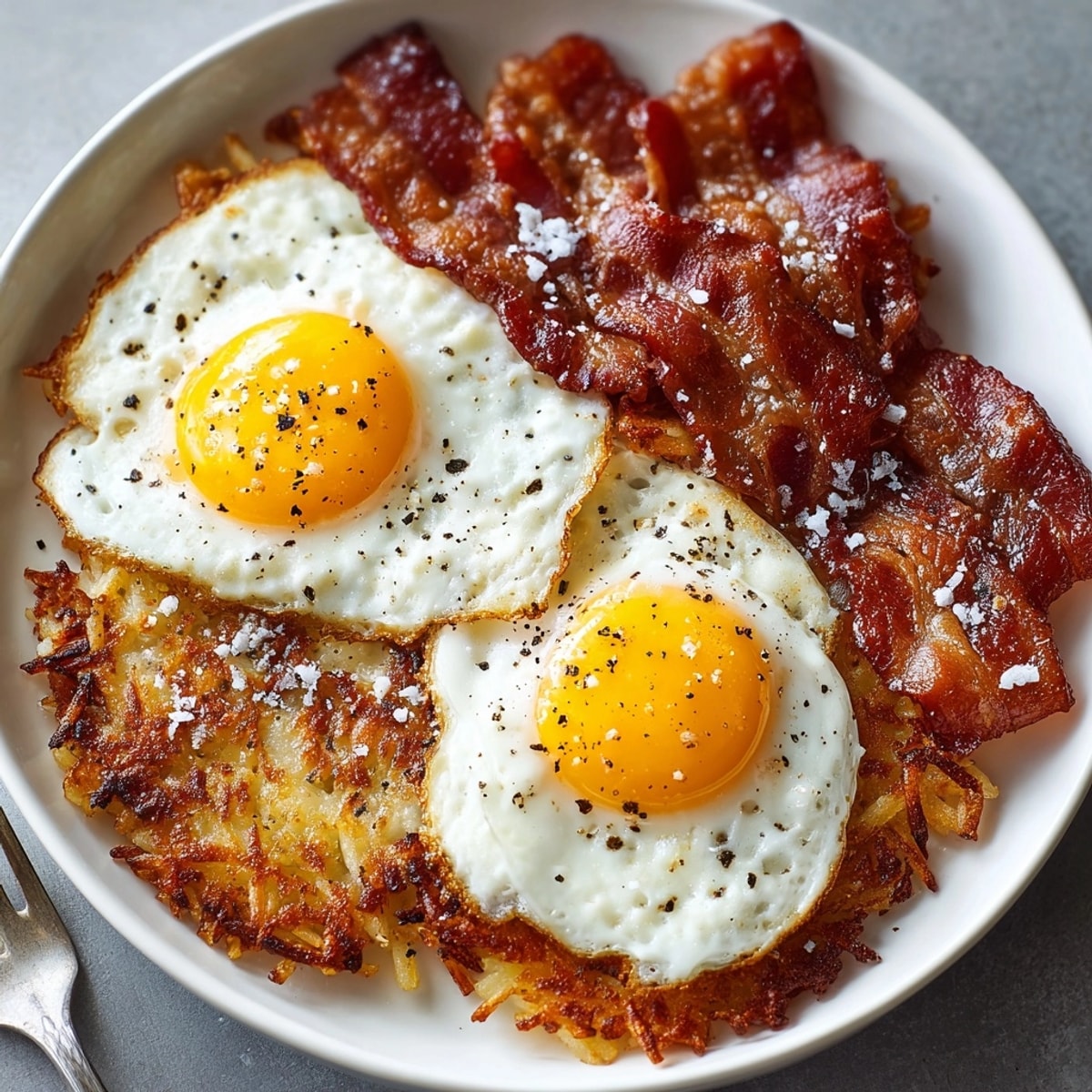 Crispy bacon, golden hash browns, and fluffy eggs make up this classic Bacon Eggs and Hash Browns dish.