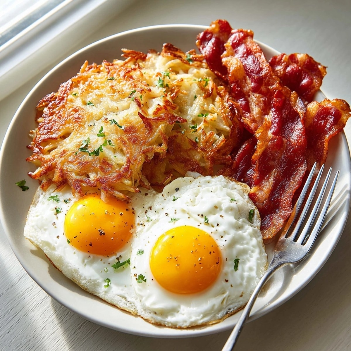 Picture a plate of golden Bacon Eggs and Hash Browns, with steaming eggs and perfectly cooked breakfast.