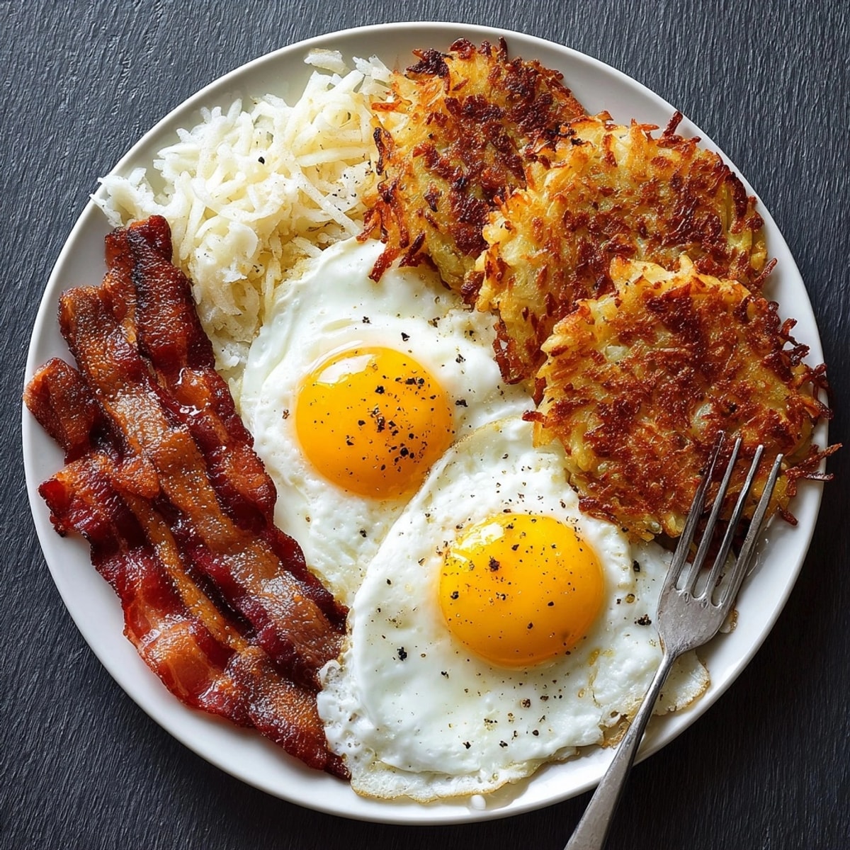 Enjoy the savory aroma of perfectly cooked Bacon Eggs and Hash Browns, ready for a delicious and satisfying breakfast!