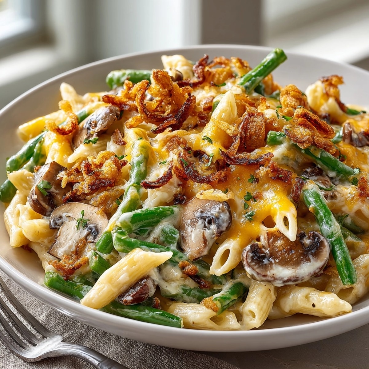 Thanksgiving Green Bean Casserole Pasta features creamy sauce, tender pasta, and crispy onions, a delicious main dish.