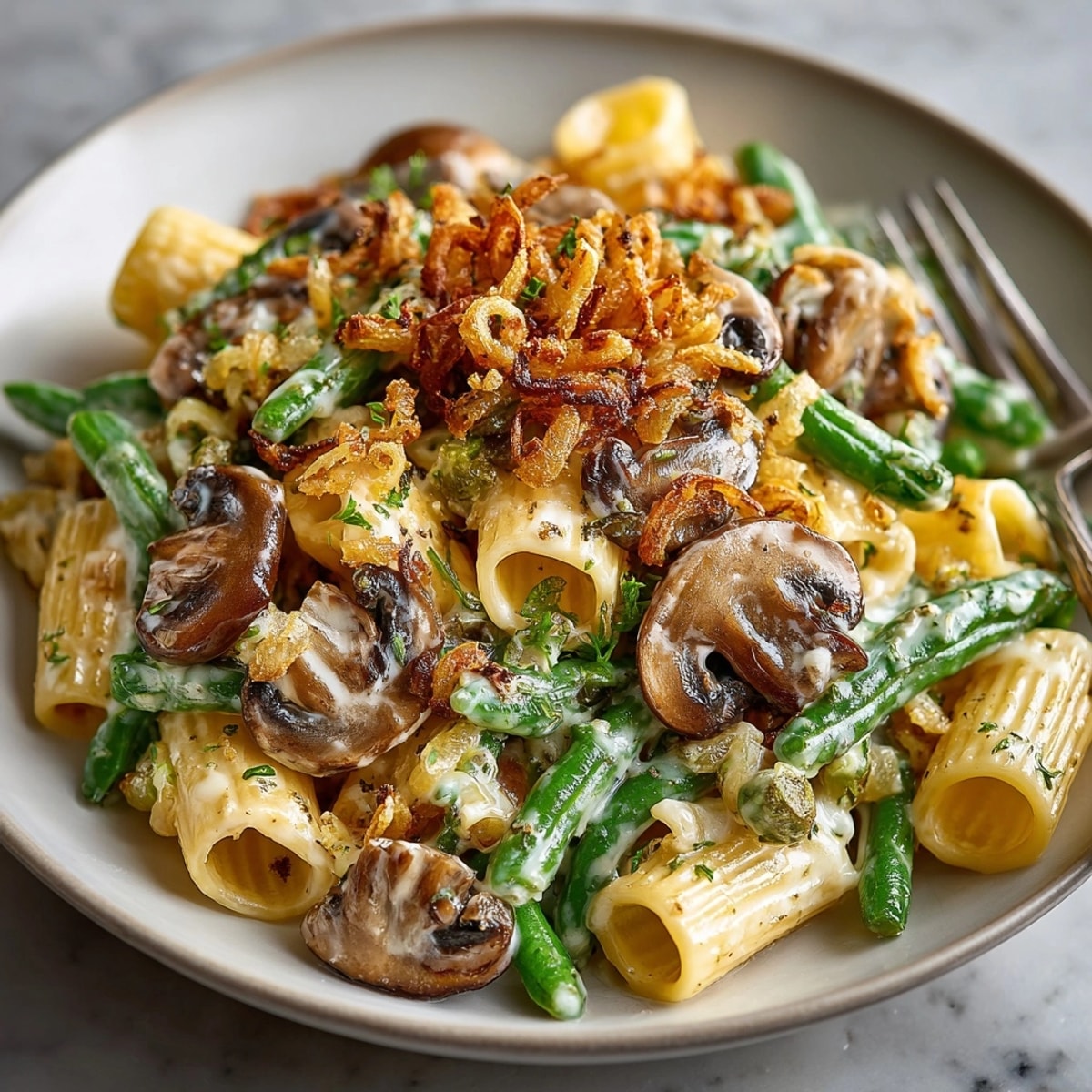 This photo shows a bubbling hot Thanksgiving Green Bean Casserole Pasta, ready to serve and enjoy.