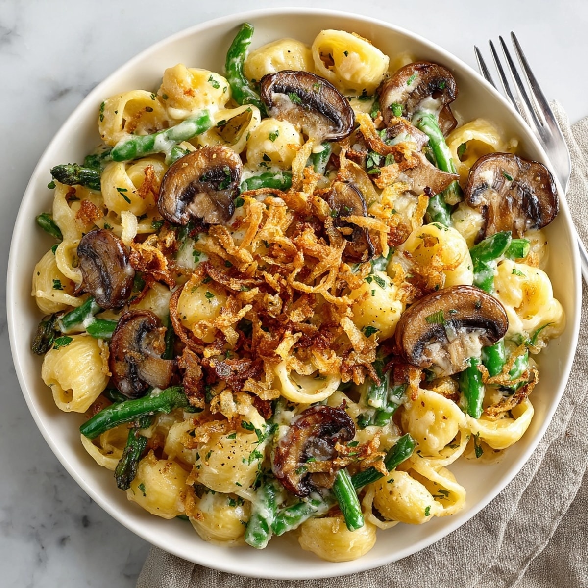 The baked Thanksgiving Green Bean Casserole Pasta showcases a comforting blend of flavors with a beautiful golden topping.