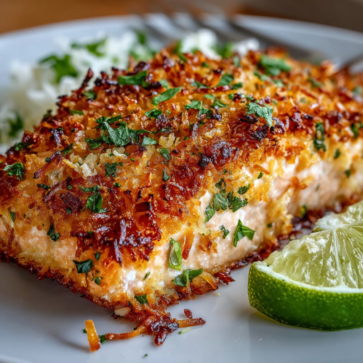 Golden coconut crusted salmon with a crispy coating, ready to serve with lime wedges.