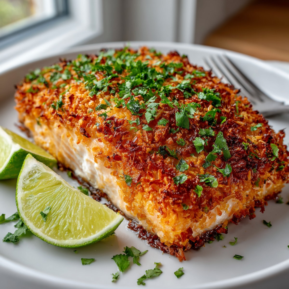 Flaky, tender coconut crusted salmon, a tropical-inspired dish with a golden-brown crust.