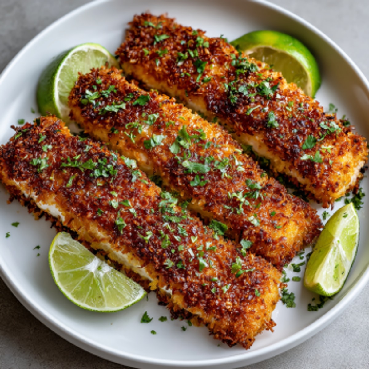 A close-up of delicious coconut crusted salmon, showcasing the flavorful crispy coconut topping.