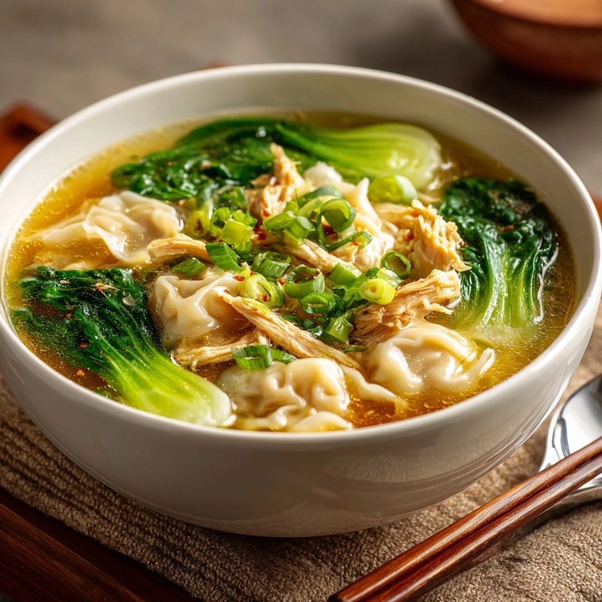 A delicious, close-up shot shows the flavorful Simplified Wonton Soup ready to eat.