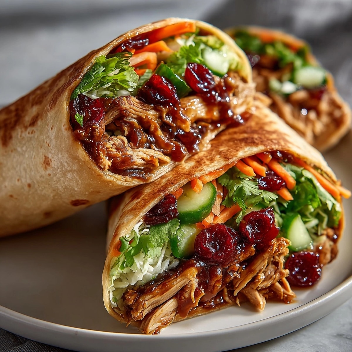 Sweet and Sour Cherry Chicken Wraps filled with juicy sautéed chicken and crisp veggies in tortillas