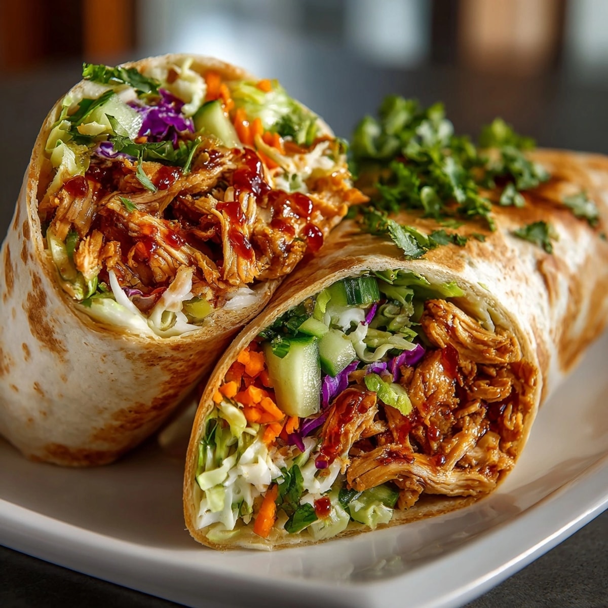 Close-up of Sweet and Sour Cherry Chicken Wraps, wrapped tight and stacked for a quick meal